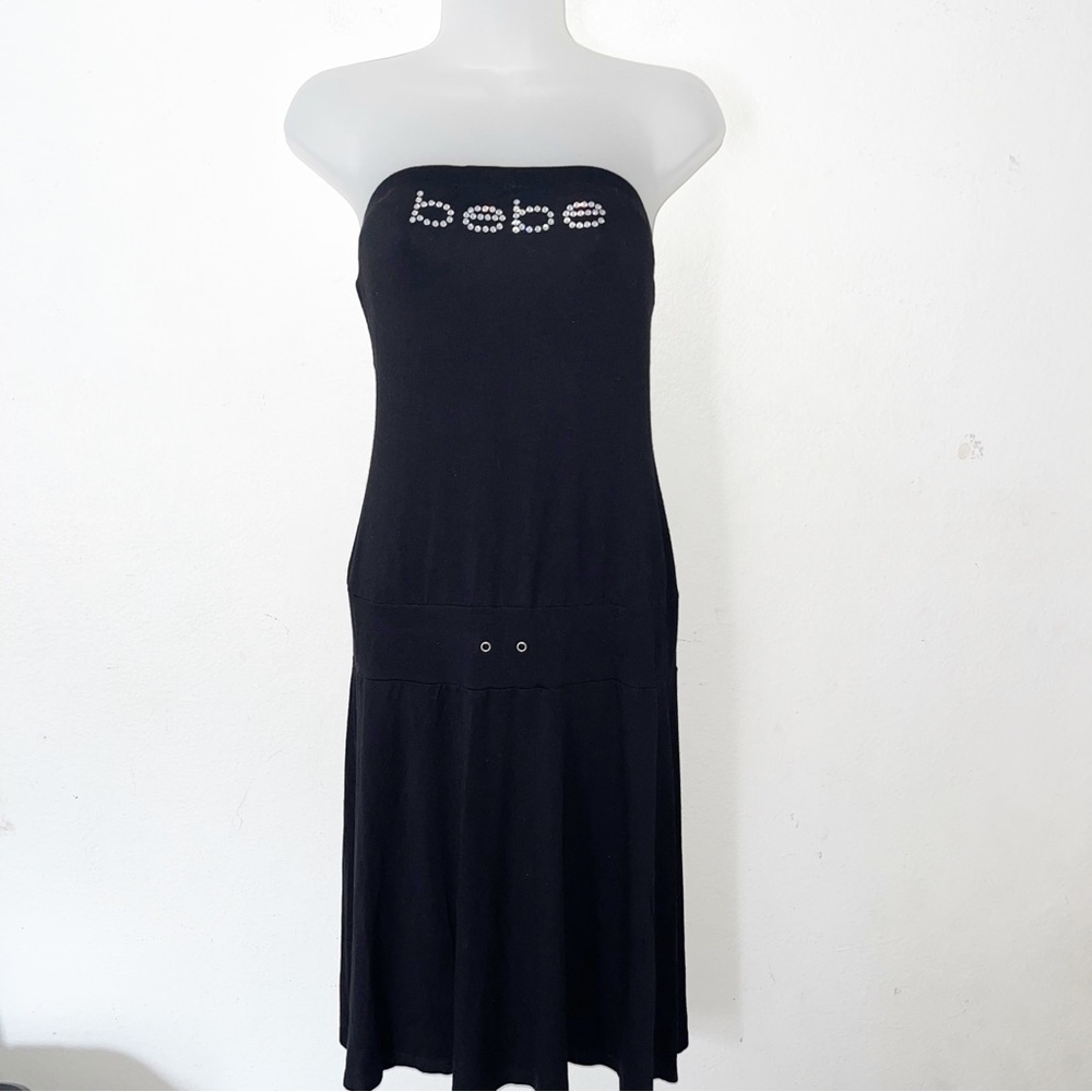 Bebe Tube Dress M Vintage Y2K Rhinestone Bling Logo Strapless Swarovski Crystal